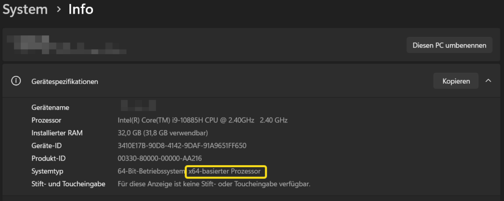 Bildschirmfoto der Systeminformationen: Hardware-Details wie Prozessor, RAM, Geräte-ID und Systemtyp, Highlight: Systemtyp ‘64-Bit-Betriebssystem, x64-basierter Prozessor’