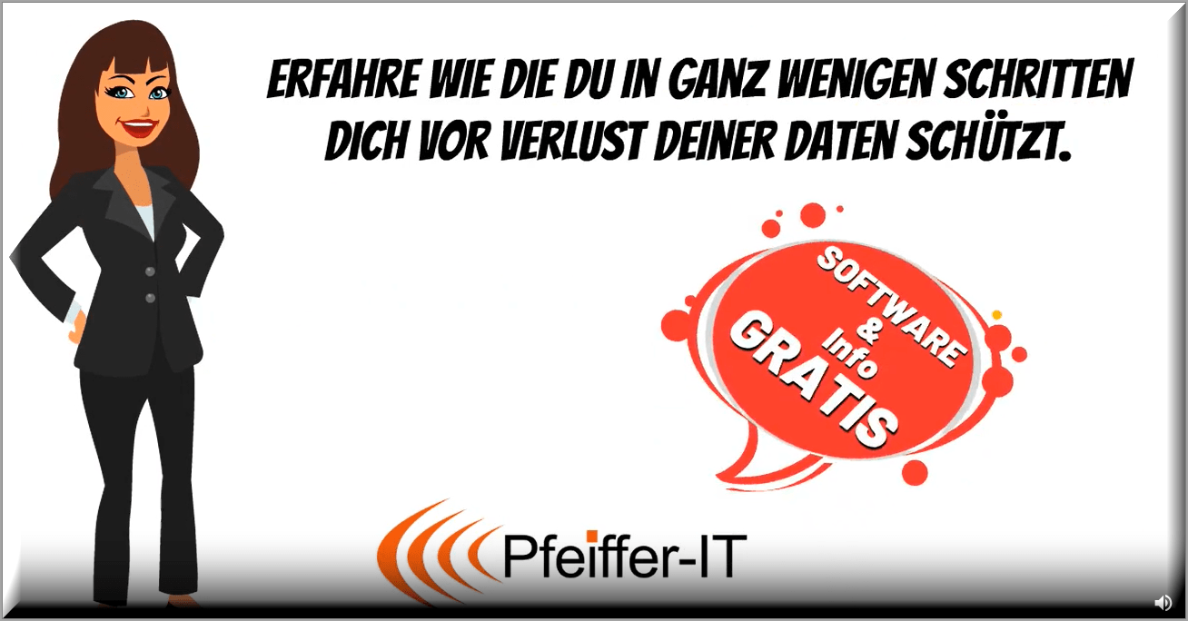 paragonCover2 | PFEIFFERIT | PFEIFFERIT Cartoon businesswoman on the left with bold German headline about protecting your data in a few steps; red speech bubble offers free software and info; Pfeiffer-IT logo at bottom.