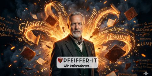 Center portrait of a distinguished man in a suit, surrounded by glowing flame-like word-clouds and floating blocks, with the Pfeiffer-IT logo and motto ‘Wir informieren’ in front.
