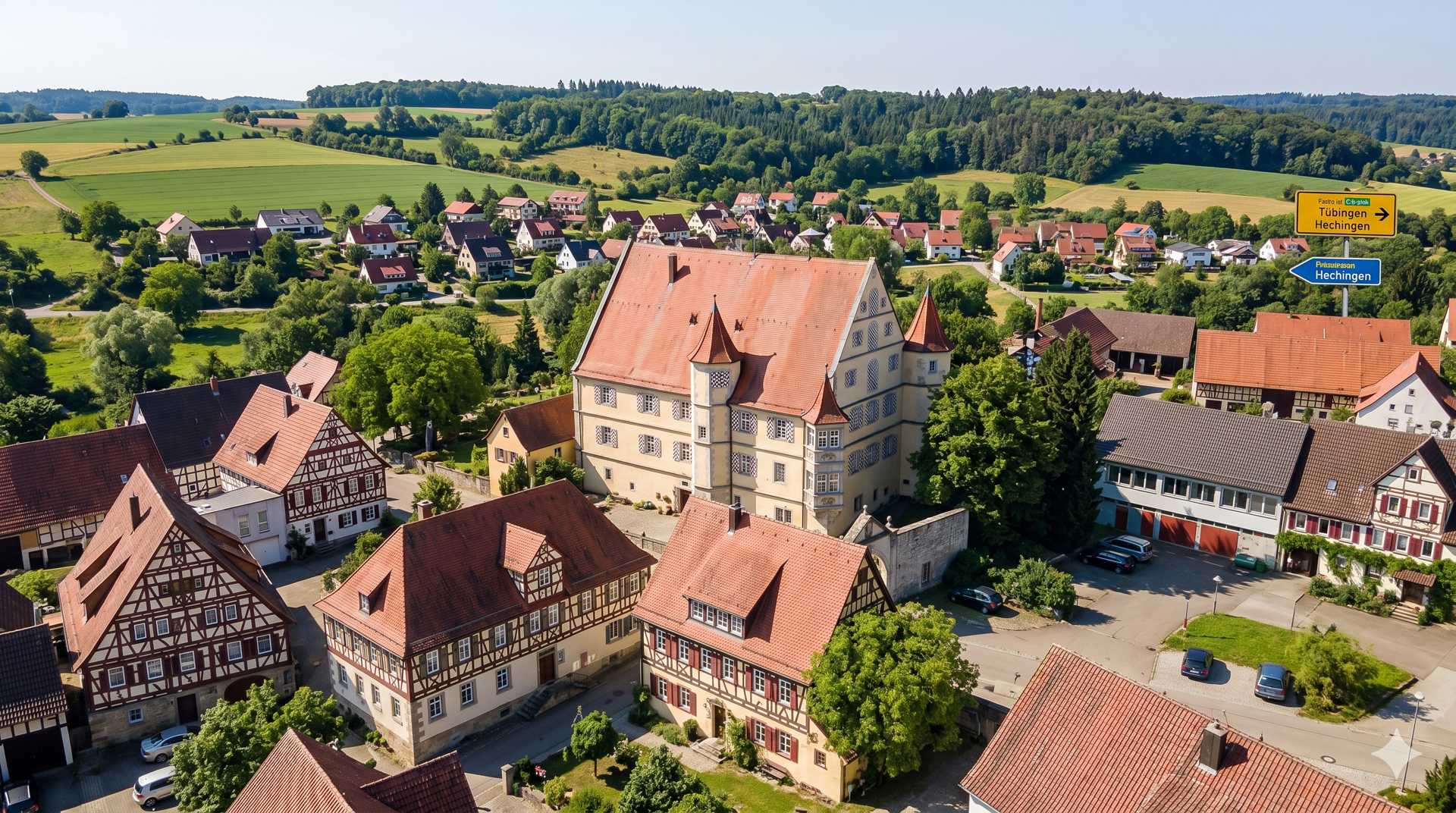Aerial view of a European village with red-tiled roofs, a central castle-like building, and timber-framed houses surrounded by green fields.","Bird's-eye view of a small town with a castle, traditional half-timbered houses, and farmland in the distance.","An aerial shot of a village center featuring a pale castle, red-roofed buildings, and signposts on a sunny day.","Wide view of a rural town with historic architecture and surrounding green fields and forests.","Castle-like building in a historic village at the center, with red roofs and countryside beyond.