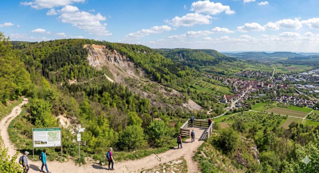 Panoramic view of a green valley with a quarry cliff, forest, and a village below; hikers stand on a wooden viewpoint platform.