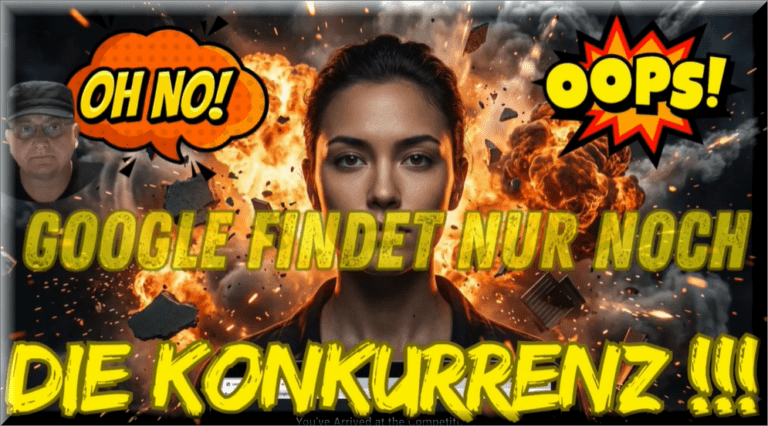 GEOSchockCover | PFEIFFERIT | PFEIFFERIT Dramatic thumbnail: woman front and center amid explosions with bold German caption accusing Google of only finding the competition.