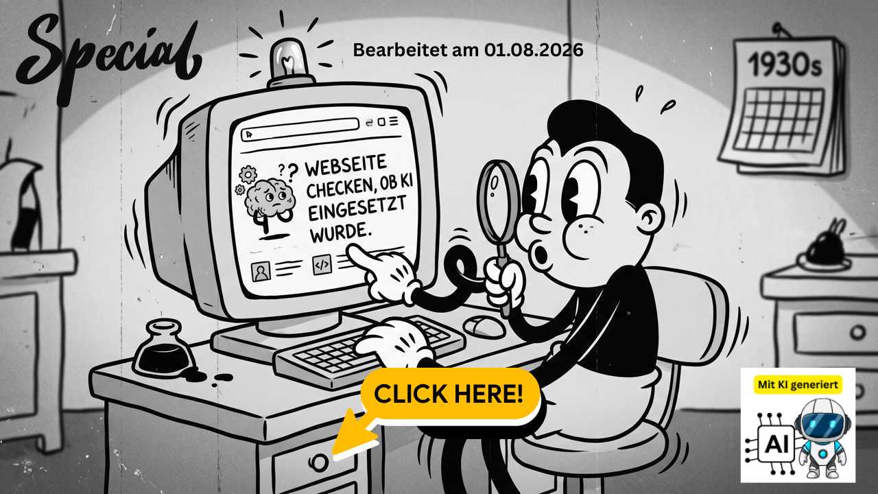 Black-and-white cartoon of a man at a retro computer, looking with a magnifying glass at a webpage that says '?? WEBSEITE CHECKEN, OB KI EINGESETZT WURDE.' A yellow 'CLICK HERE!' button points to the screen; caption reads 'Bearbeitet am 01.08.2026' and a small AI badge sits bottom-right.