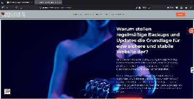 Blue-toned hero image featuring a glowing abstract figure and German headline about why regular backups and updates are essential for a secure, stable website.
