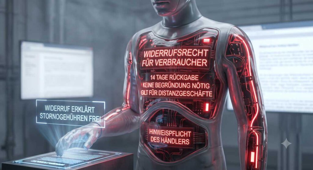 Futuristic android with neon red text panels about consumer rights, touching a touchscreen panel in front.