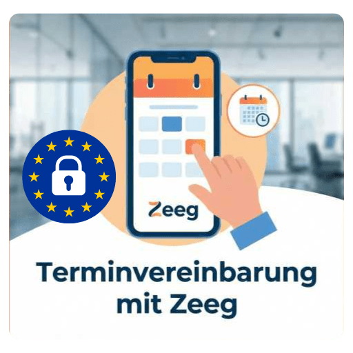 Illustration of a smartphone calendar app being tapped, with an EU privacy badge and a small calendar icon; text reads 'Terminvereinbarung mit Zeeg'