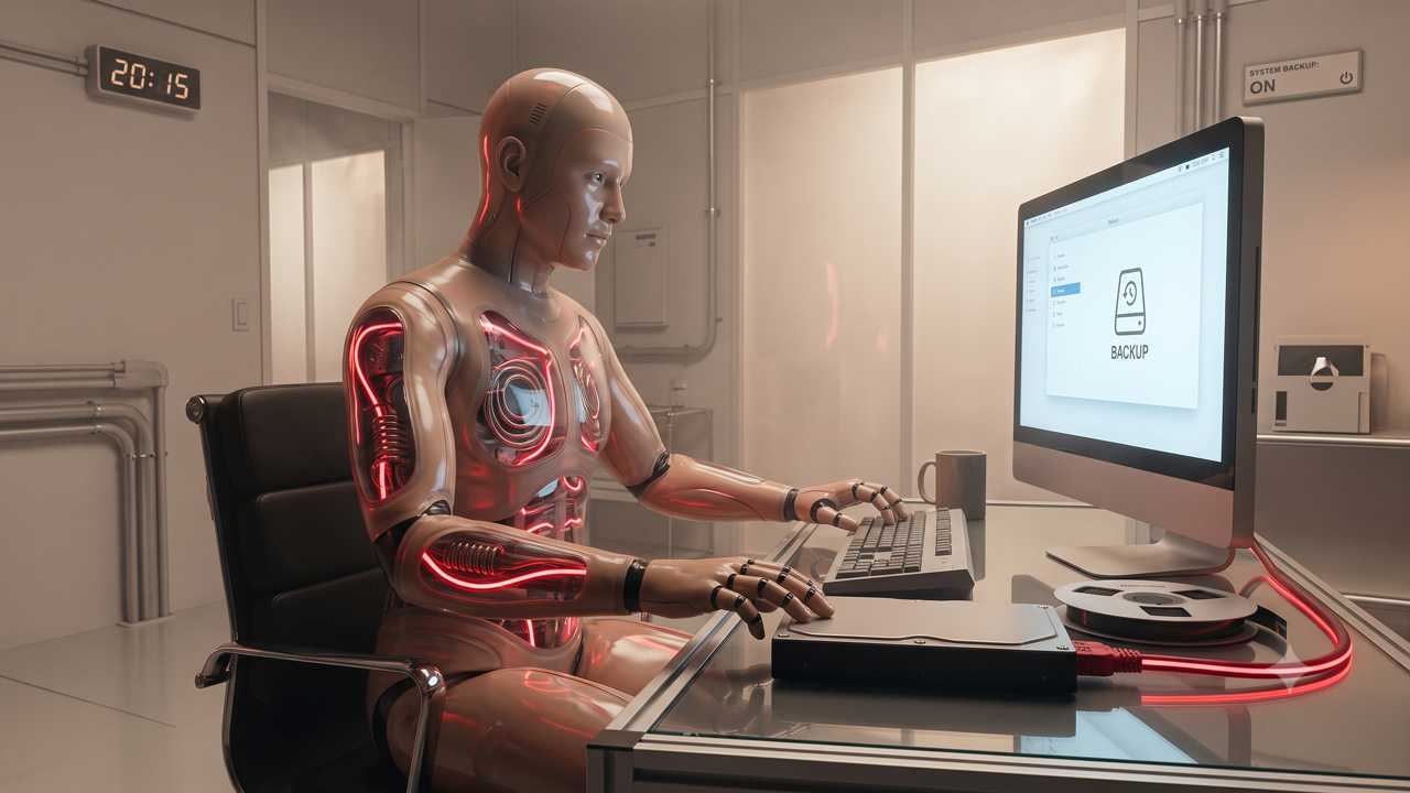 Humanoid robot typing on a keyboard at a glass desk with a desktop computer showing a backup screen.