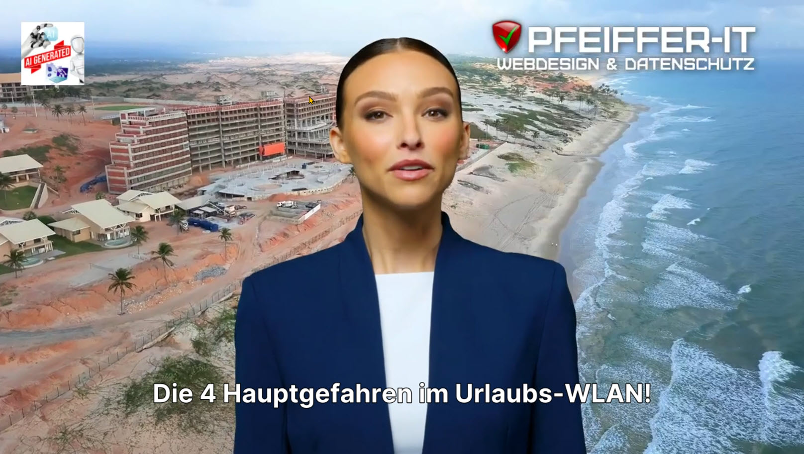 Video thumbnail: presenter in a navy blazer speaks against a tropical beach backdrop with the PFEIFER-IT logo and the German caption 'Die 4 Hauptgefahren im Urlaubs-WLAN!'