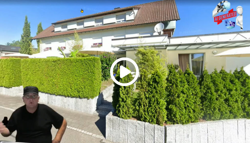 Video thumbnail of a sunny residence: two-story white house, trimmed hedges, and a man in black at left; play button centered.